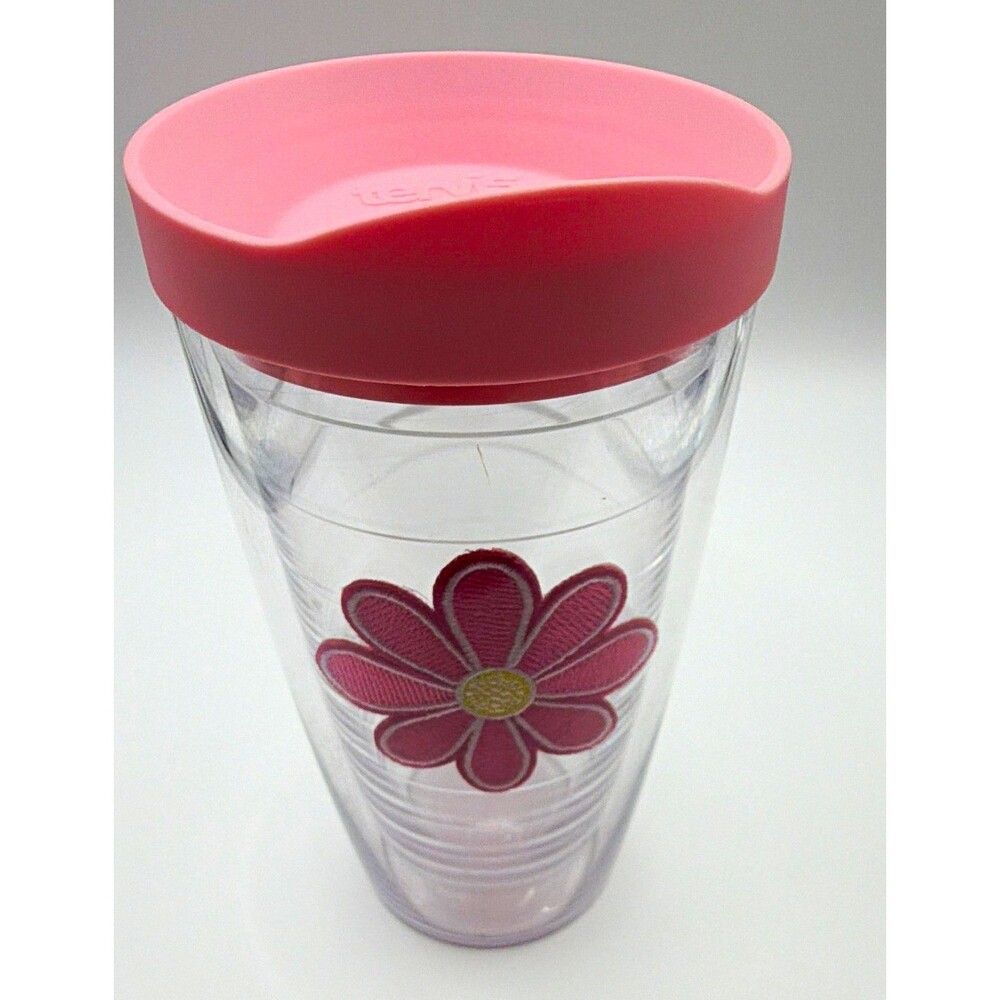 Tervis 16 oz Clear Plastic Tumbler with Pink Lid, Floral Pattern